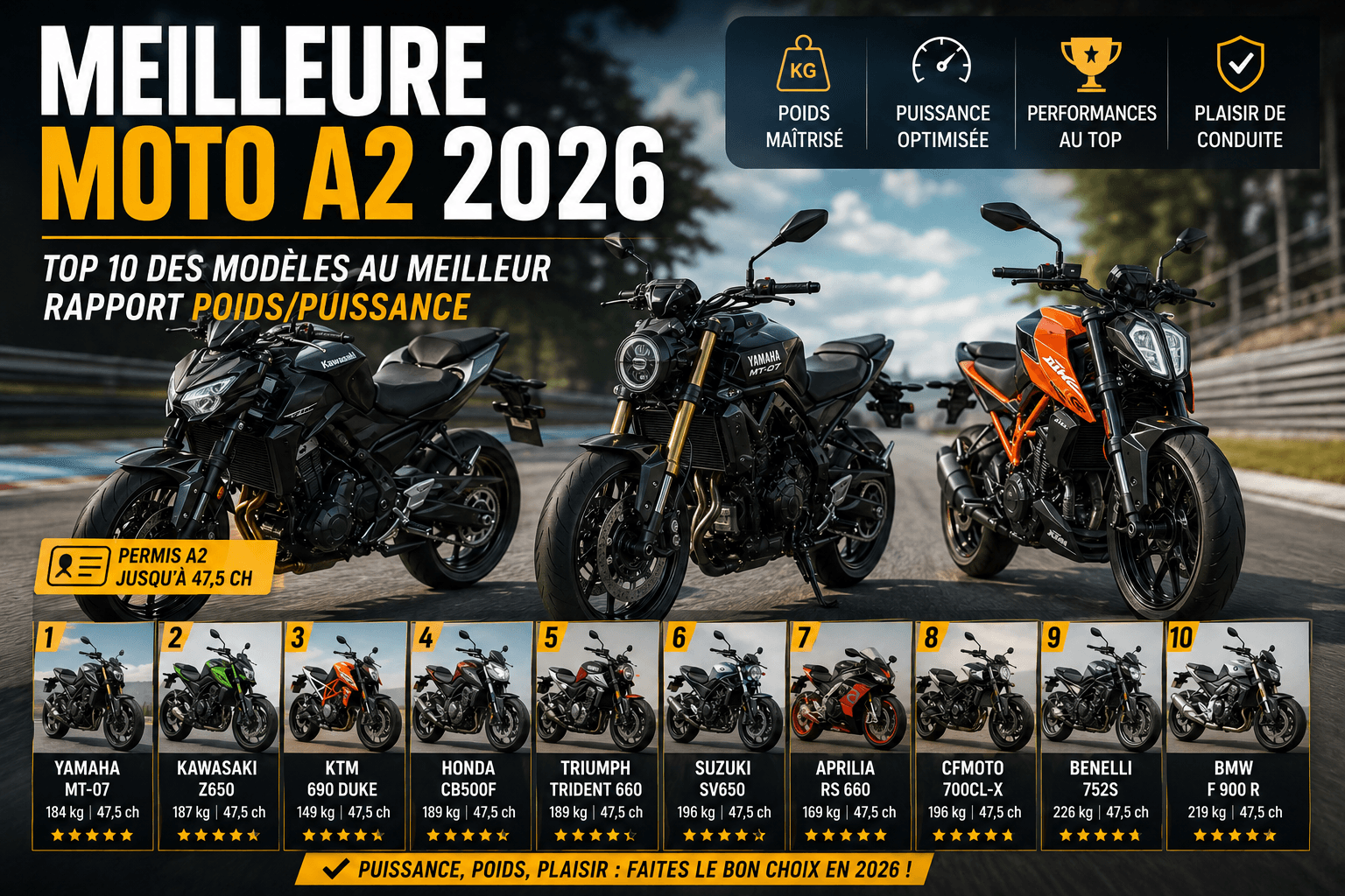 Meilleure moto A2 2026 : Top 10 des modèles au meilleur rapport poids/puissance